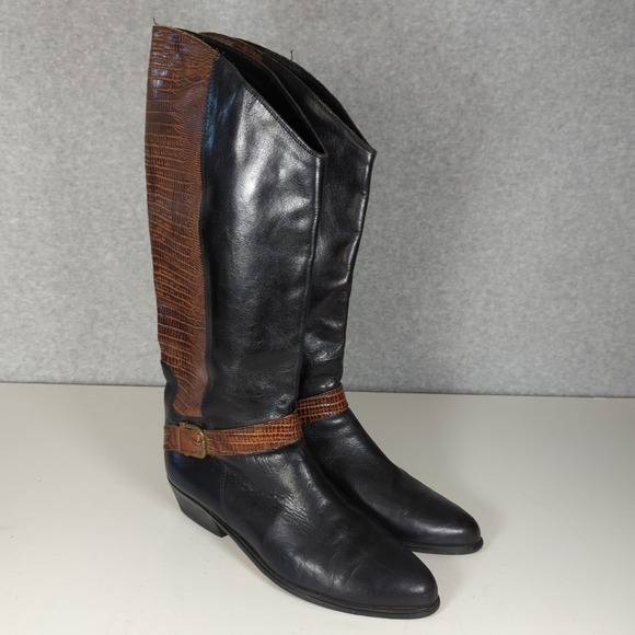 Bandolino 80s Leather Riding Boots 10 Low Heel Black/Brown Soft Girl VTG Italian - Picture 1 of 9